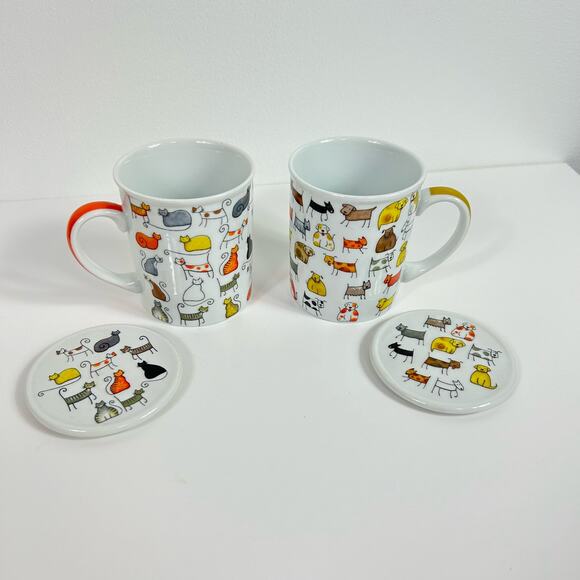 ChaCult Fine Porcelain Matching Cat & Dog Tea Cups Mugs with Lids Set of 2 - Picture 1 of 6